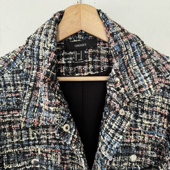 Forever 21 Dixie Tweed Snap Button Bomber Jacket Multicolor Utility Overcoat - Picture 3 of 8